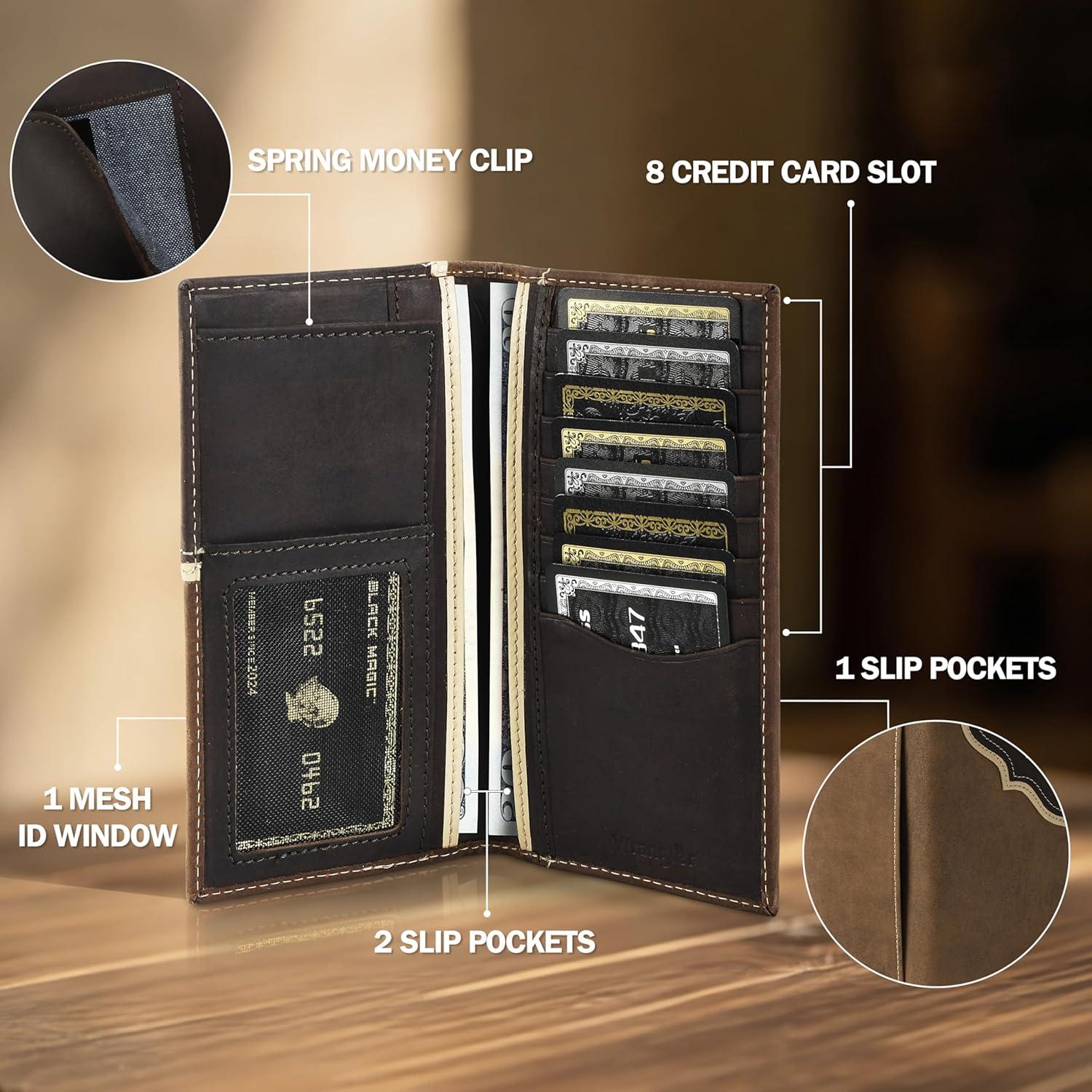 imageWrangler Mens Bifold Wallet with Contrast Corner Patch Genuine Leather Gift for HimBrown Vertical