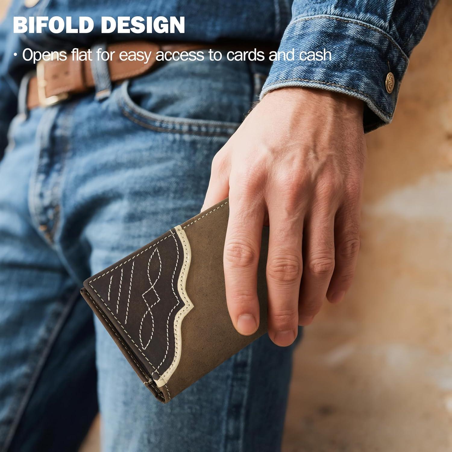 imageWrangler Mens Bifold Wallet with Contrast Corner Patch Genuine Leather Gift for HimBrown Vertical