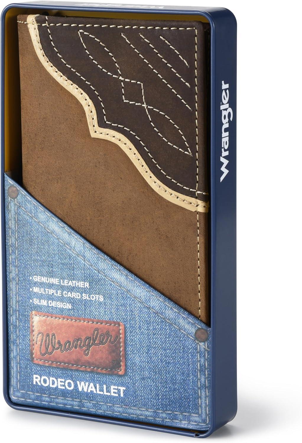 imageWrangler Mens Bifold Wallet with Contrast Corner Patch Genuine Leather Gift for HimBrown Vertical