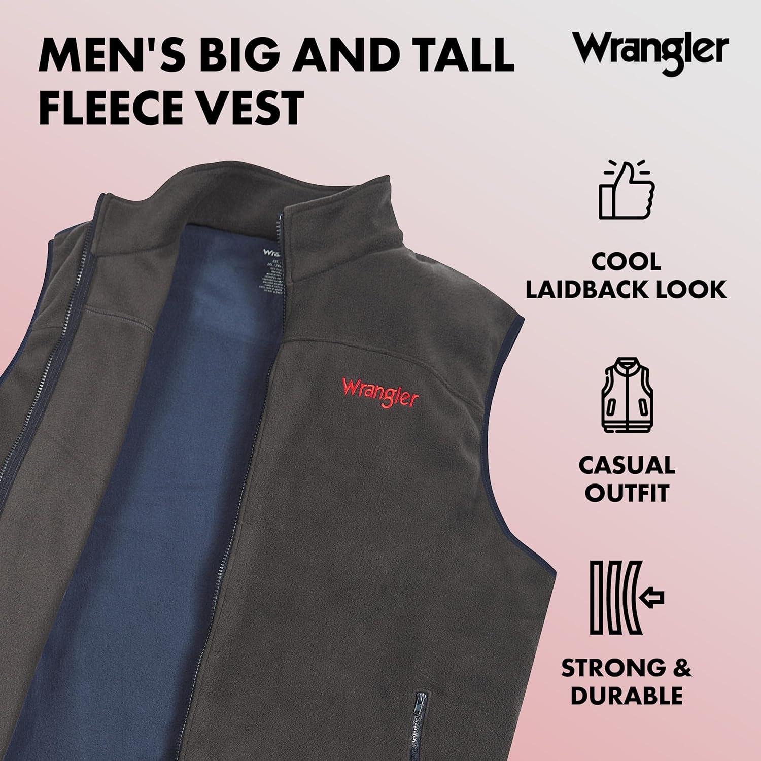 imageWrangler Mens Big and Tall Polar Fleece Zip Up Sleeveless VestCharcoalNavy