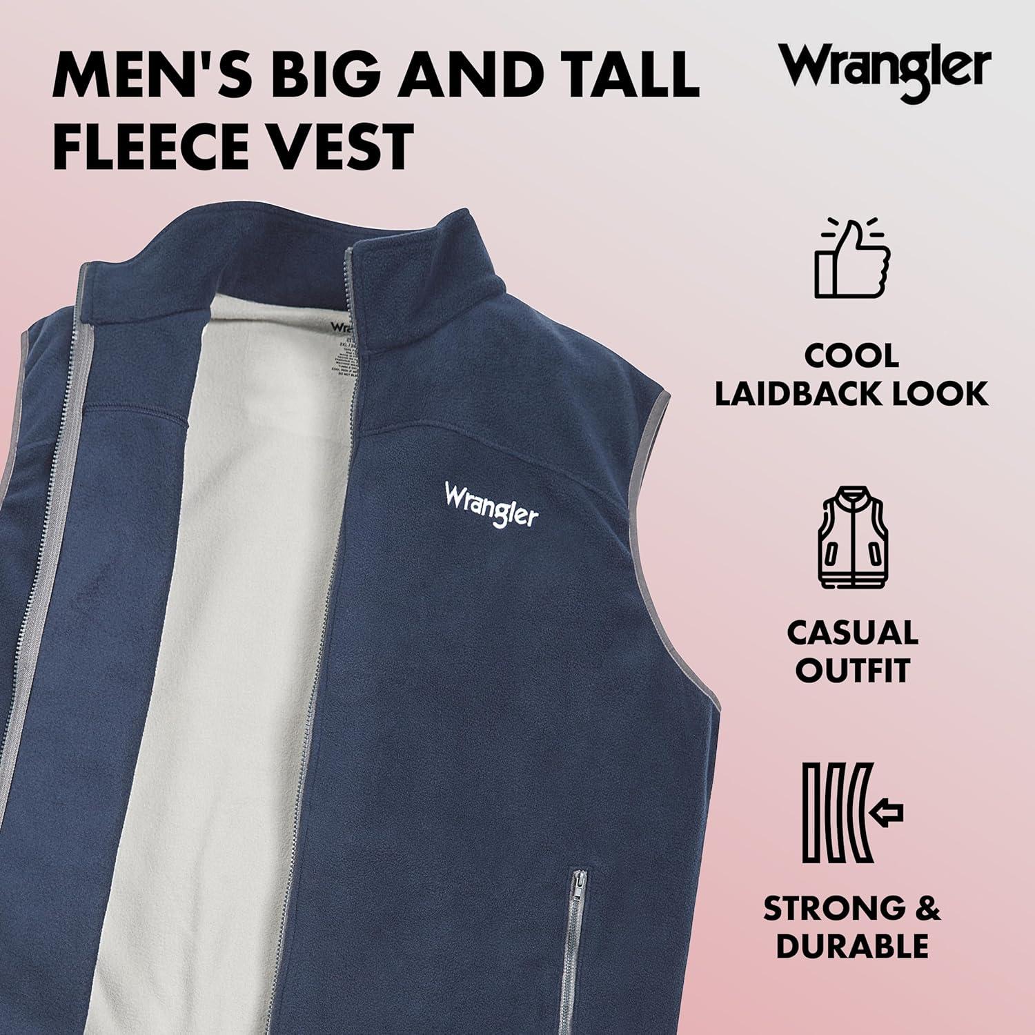 imageWrangler Mens Big and Tall Polar Fleece Zip Up Sleeveless VestNavyLt Grey