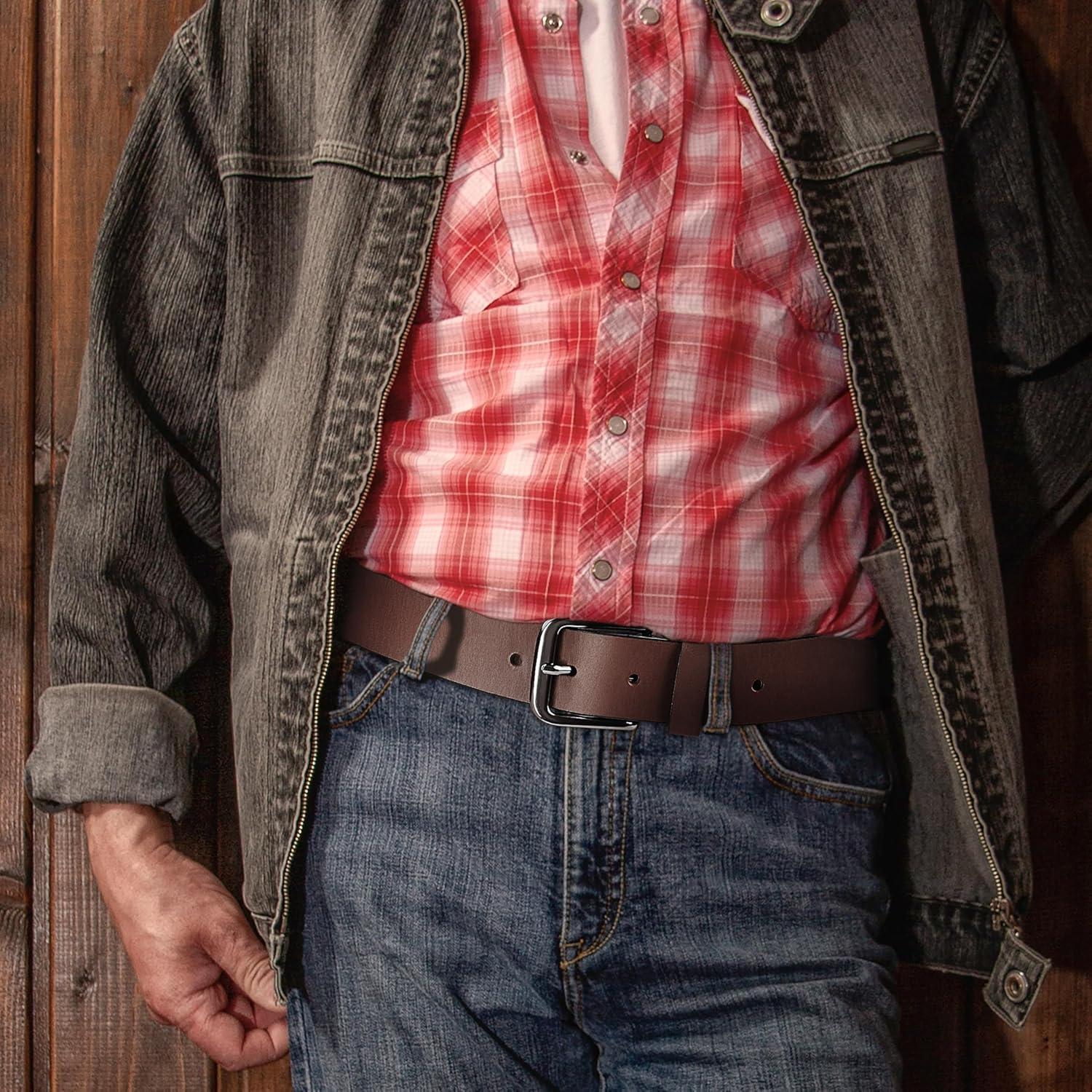 imageWrangler Mens Full Grain Genuine Leather 35mm Thick Casual Belt for Jeans Pants35mm Light Brown