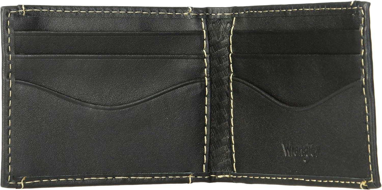 imageWrangler Mens Leather BifoldBlack Basket Weave Front Pockets