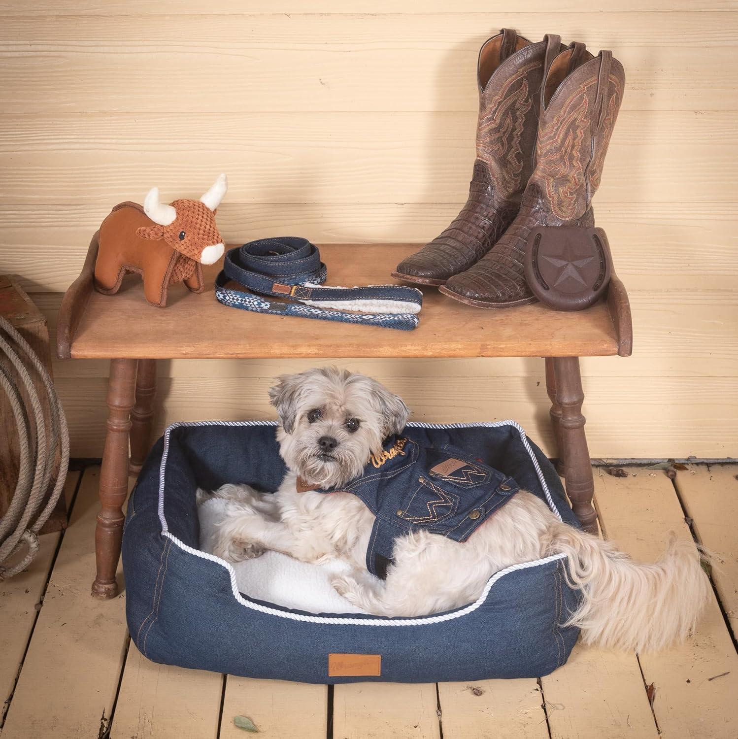 imageWrangler Rope Denim Dog Vest Harness Breathable Dog Vest with Mesh Lining Machine Washable Dog Winter Jacket for Easy Cleaning Layer Over Dog Sweater Light Wash LDark Denim Wash