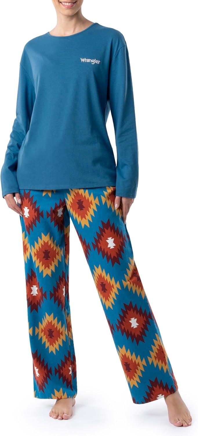 imageWrangler Womens Jersey Top and Flannel Pant Sleep Pajama SetSea BlueSouthwestern Geo