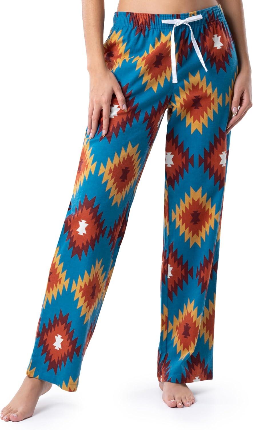 imageWrangler Womens Jersey Top and Flannel Pant Sleep Pajama SetSea BlueSouthwestern Geo