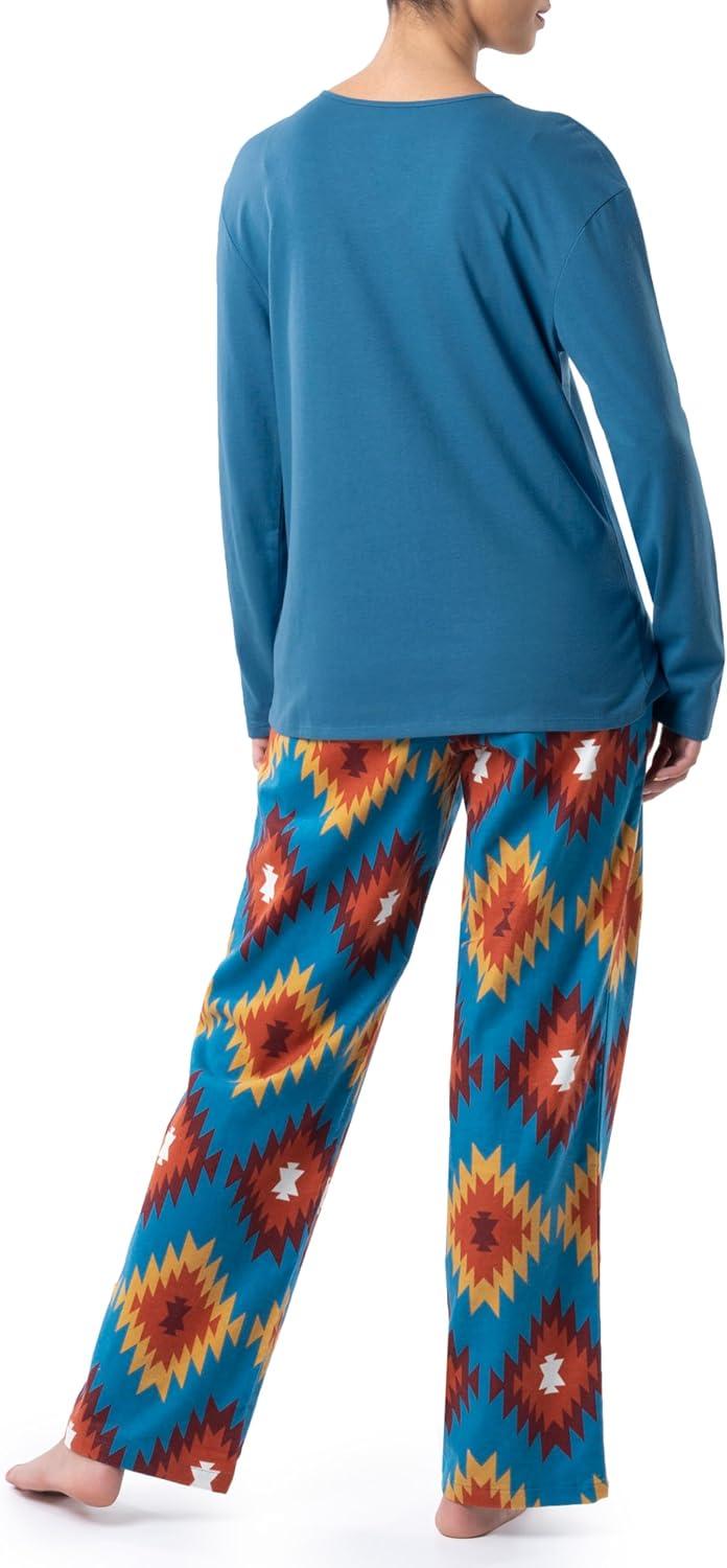 imageWrangler Womens Jersey Top and Flannel Pant Sleep Pajama SetSea BlueSouthwestern Geo