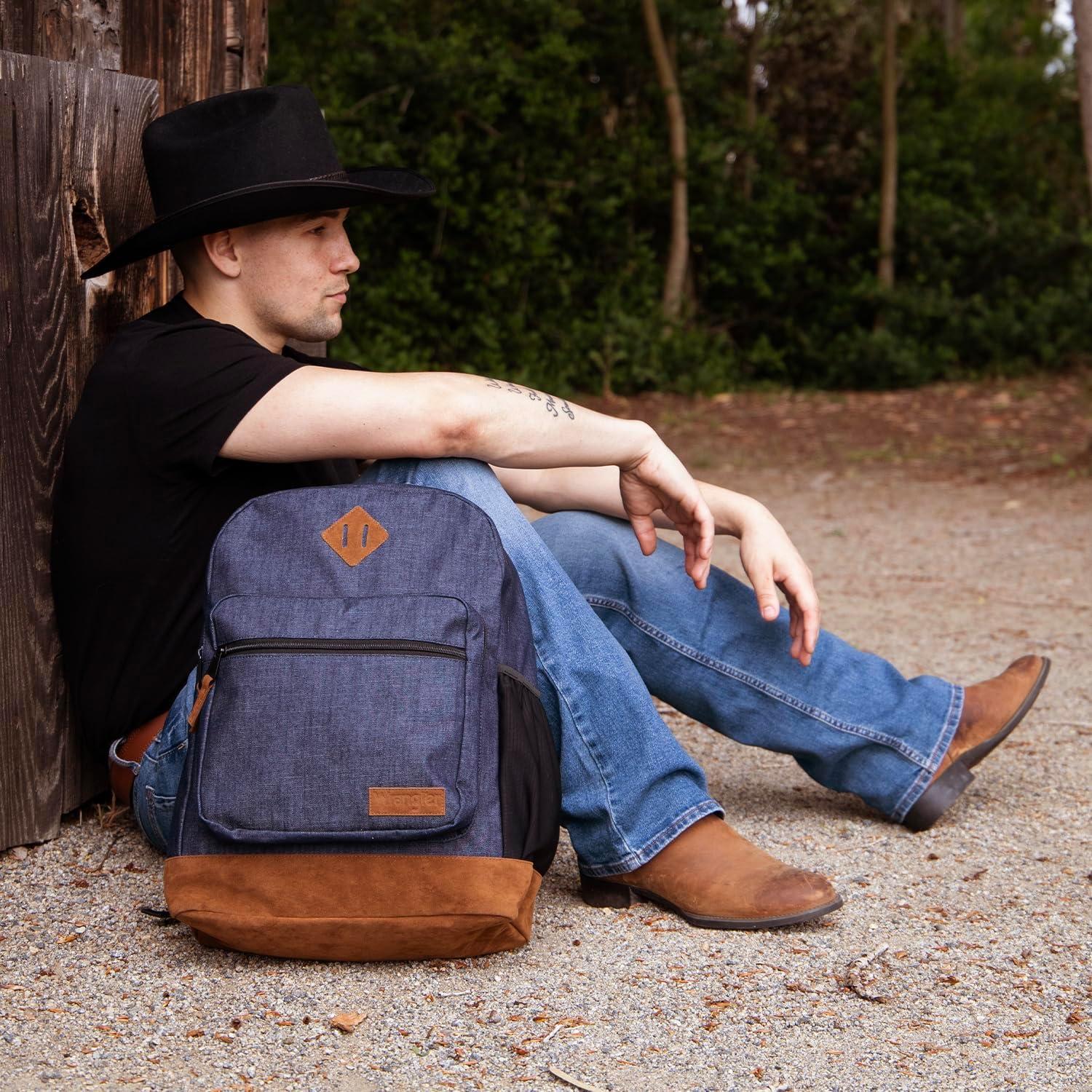 imageWrangler Yellowstone Sturdy Backpack for Travel Classic Logo Water Resistant Casual Daypack for Travel with Padded Laptop Notebook Sleeve Wild WestNavy Denim