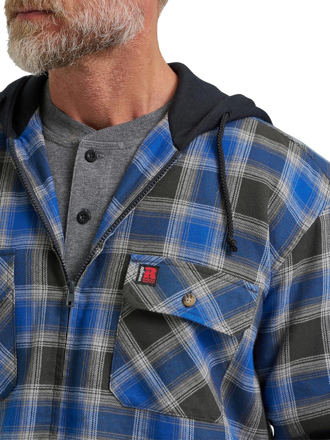 imageWrangler mens Masonry Hooded JacketBlue Black Plaid