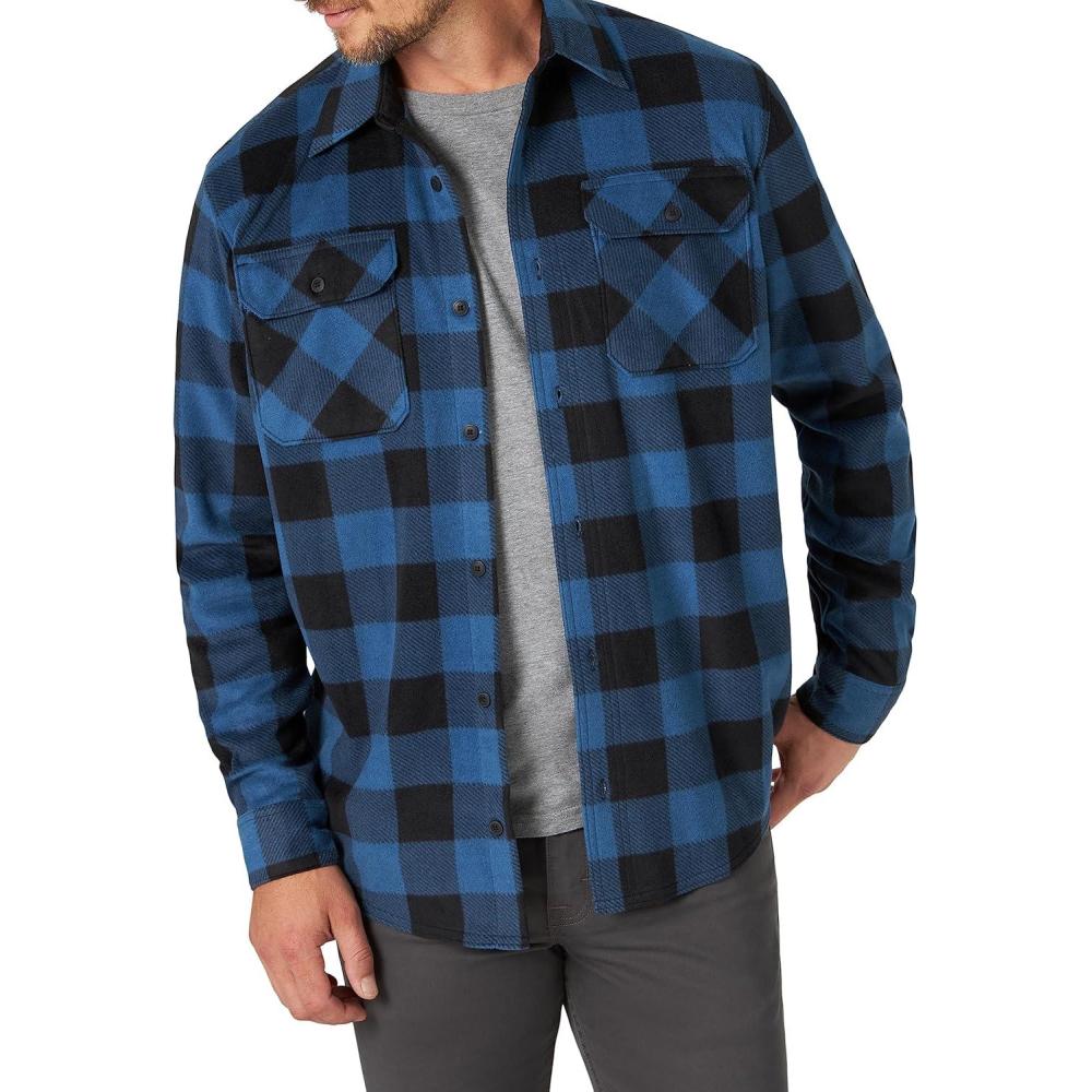 imageWrangler Authentics Mens Long Sleeve Heavyweight Fleece ShirtBlue Buffalo Plaid