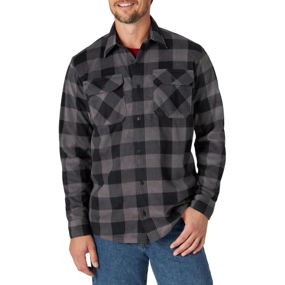 imageWrangler Authentics Mens Long Sleeve Heavyweight Fleece ShirtGray Buffalo Plaid