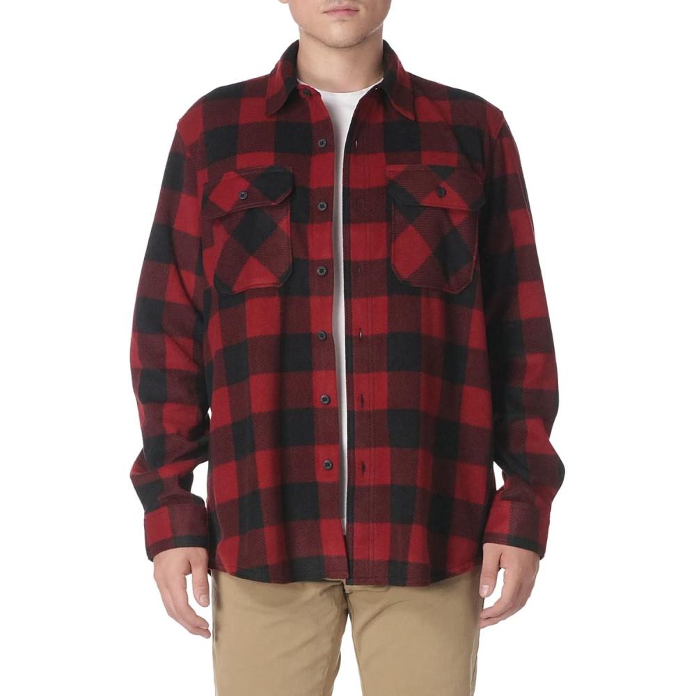 imageWrangler Authentics Mens Long Sleeve Heavyweight Fleece ShirtRed Buffalo Plaid