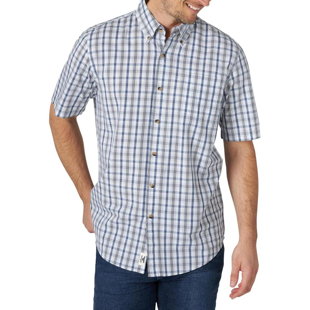 imageWrangler Authentics Mens Short Sleeve Classic Plaid ShirtBlue Plaid