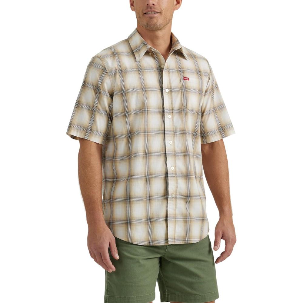 imageWrangler Authentics Mens Short Sleeve Classic Plaid ShirtPale Khaki Plaid