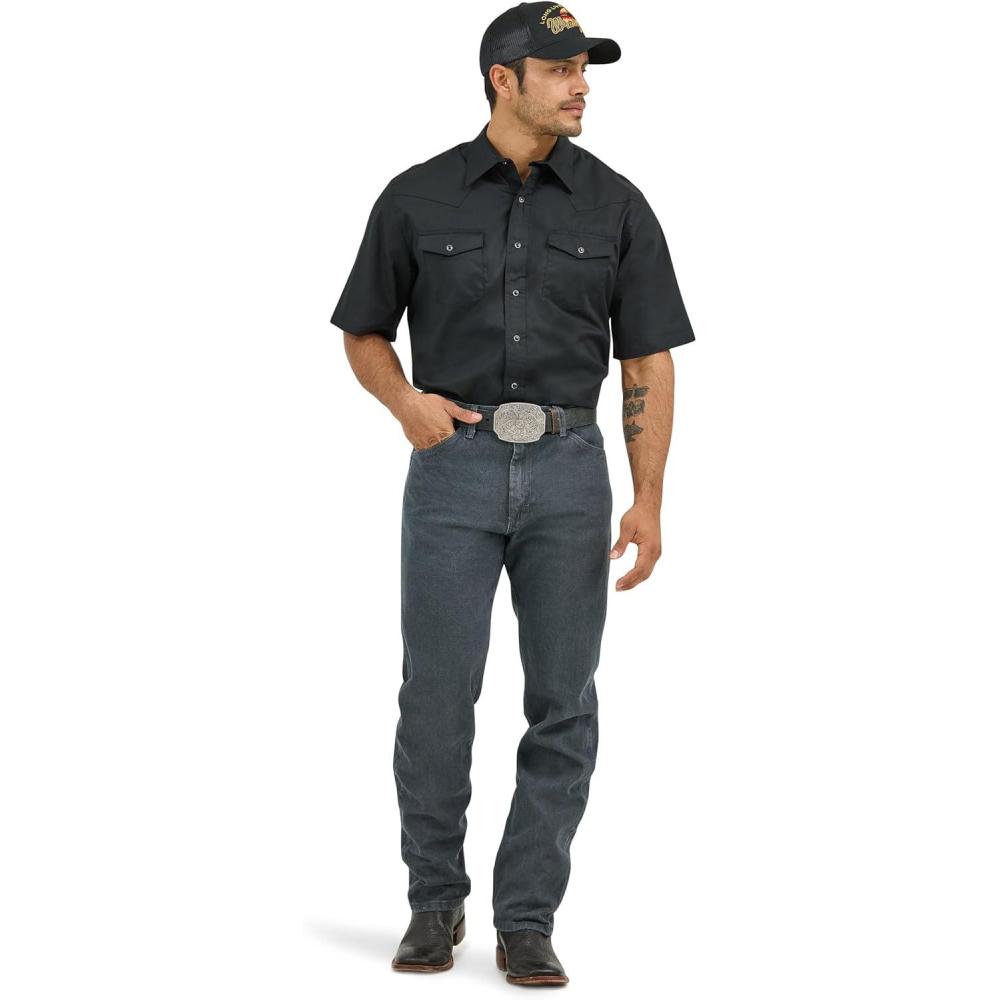 imageWrangler Black Sport Western Mens Collared Short Sleeve Snap Shirt 1071106BKBlack