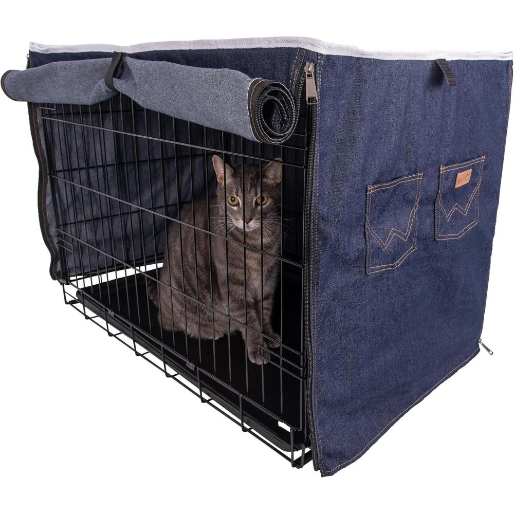 imageWrangler Denim Dog Crate Cover  Durable Breathable ampamp Stylish Dog Kennel Cover with Rollable Panels ampamp Front Pocket for Accesories  Machine Washable Crate Covers for Dog Cages MXL