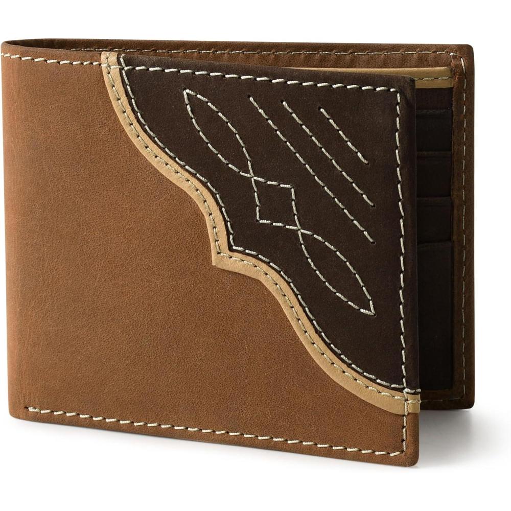 imageWrangler Mens Bifold Wallet with Contrast Corner Patch Genuine Leather Gift for HimBrown