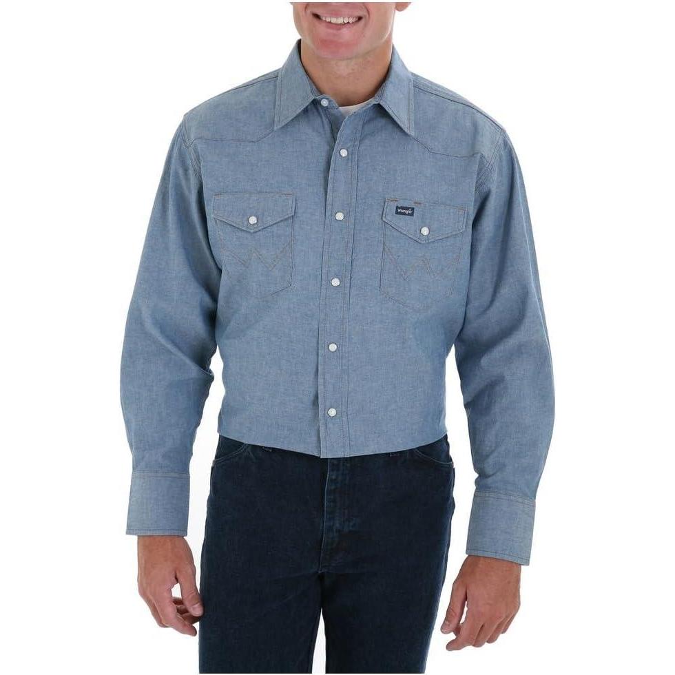 imageWrangler Mens Chambray Long Sleeve Work Shirt ChambrayBlue
