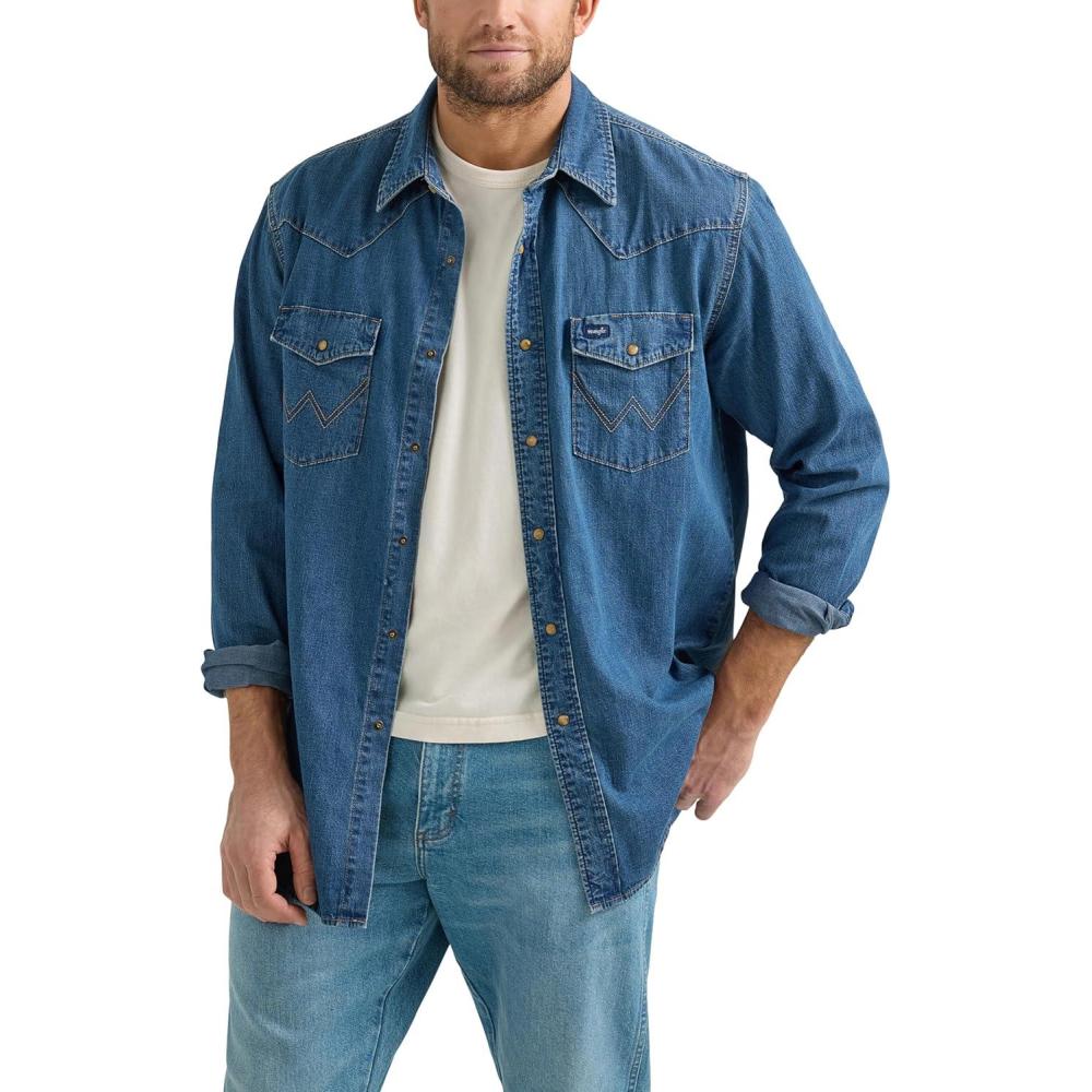 imageWrangler Mens Denim Light Wash Long Sleeve Snap ShirtDark Wash Denim