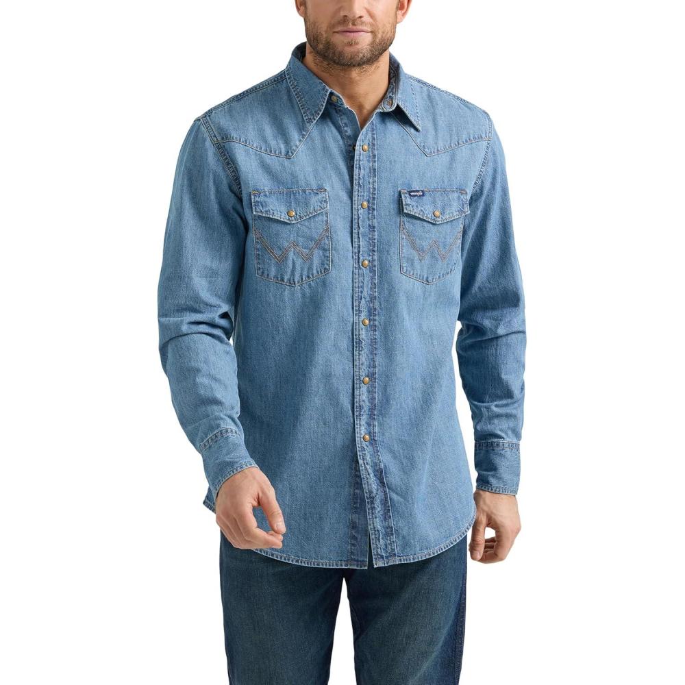 imageWrangler Mens Denim Light Wash Long Sleeve Snap ShirtLight Wash Denim