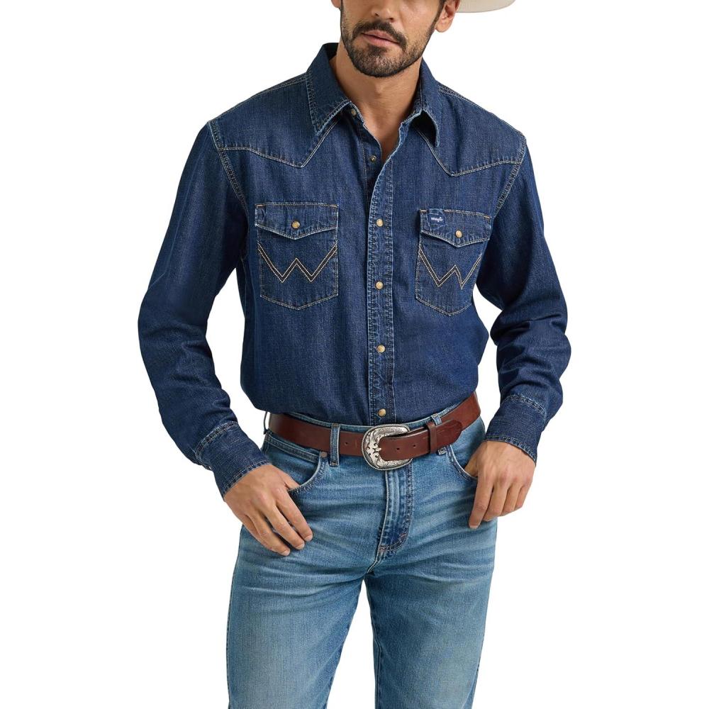 imageWrangler Mens Denim Light Wash Long Sleeve Snap ShirtMid Wash Denim