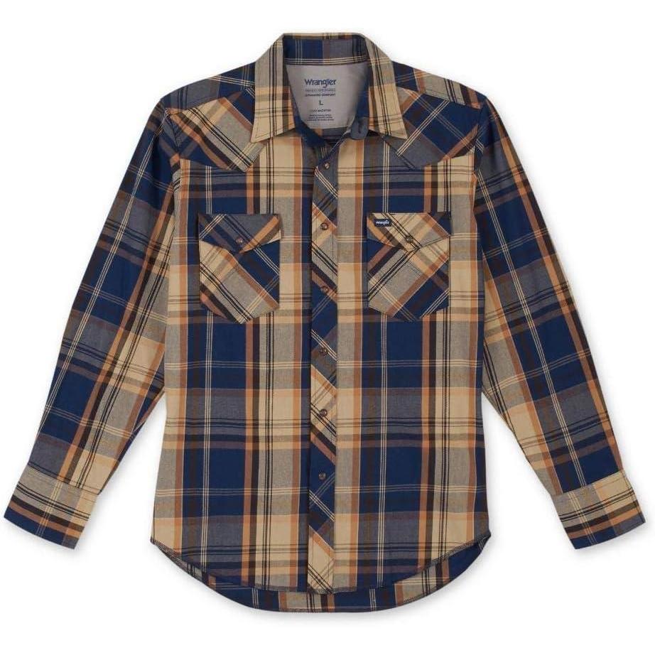 imageWrangler Mens Premium Performance Advanced Comfort WorkshirtBlueTan