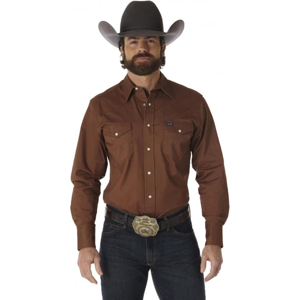 imageWrangler Mens Premium Performance Advanced Comfort WorkshirtBrown