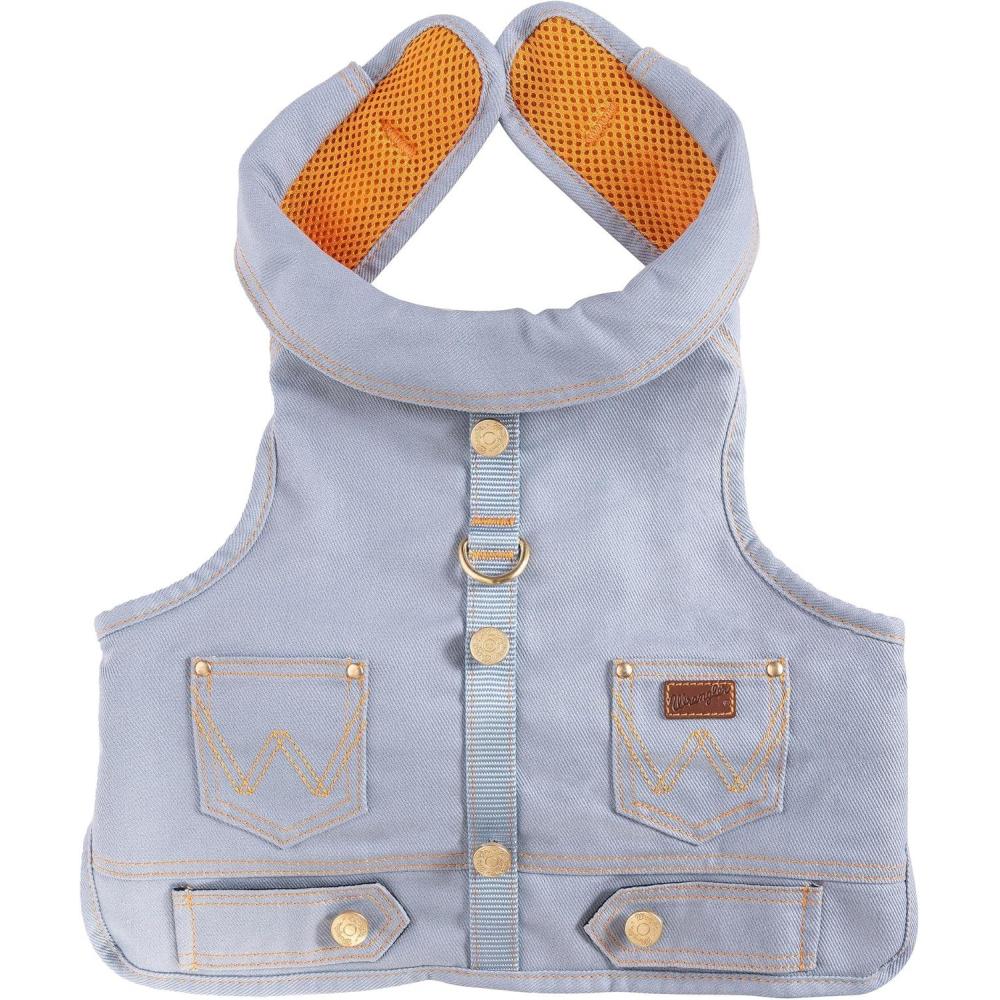imageWrangler Rope Denim Dog Vest Harness  Breathable Dog Vest with Mesh Lining  Machine Washable Dog Winter Jacket for Easy Cleaning Layer Over Dog Sweater Light Wash LLight Denim Wash