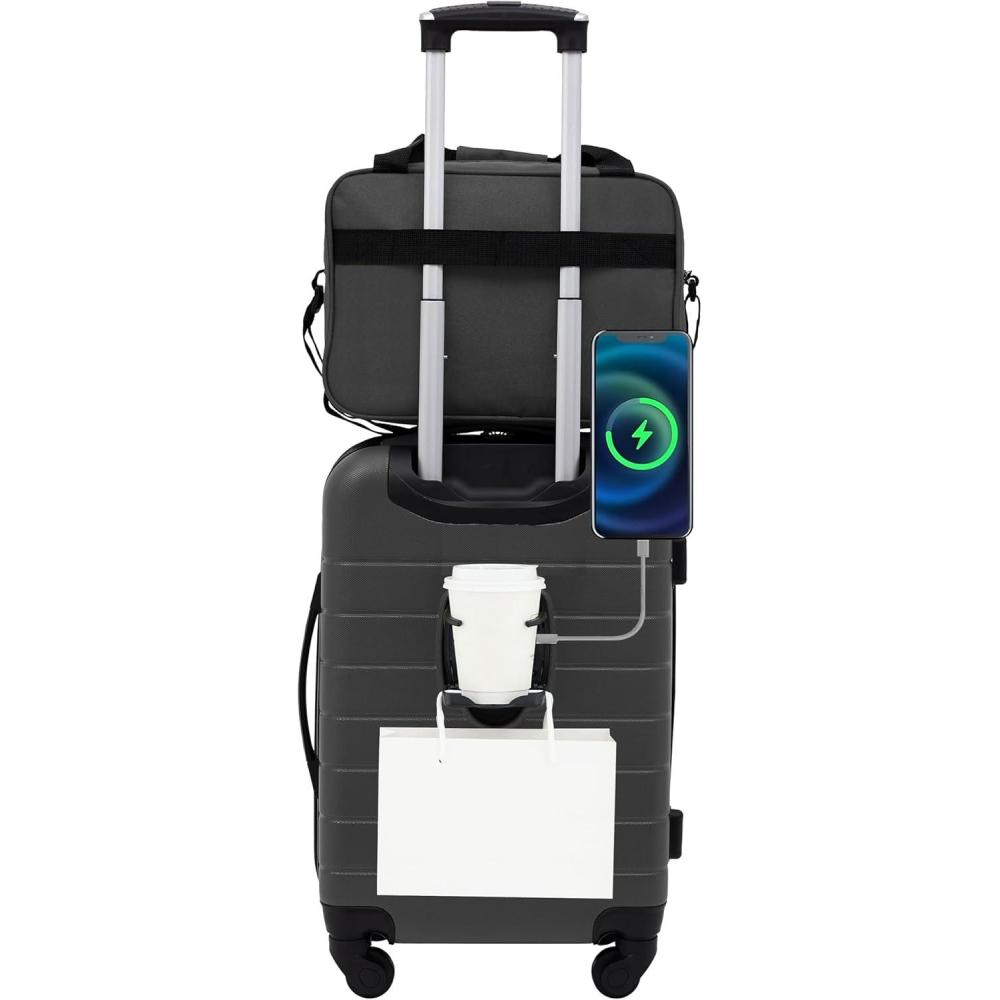 imageWrangler Smart Luggage Set with Cup Holder USB Port and Phone Holder Black 2 Piece SetDark Shadow