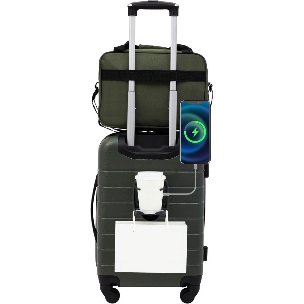 imageWrangler Smart Luggage Set with Cup Holder USB Port and Phone Holder Black 2 Piece SetDeep Depths