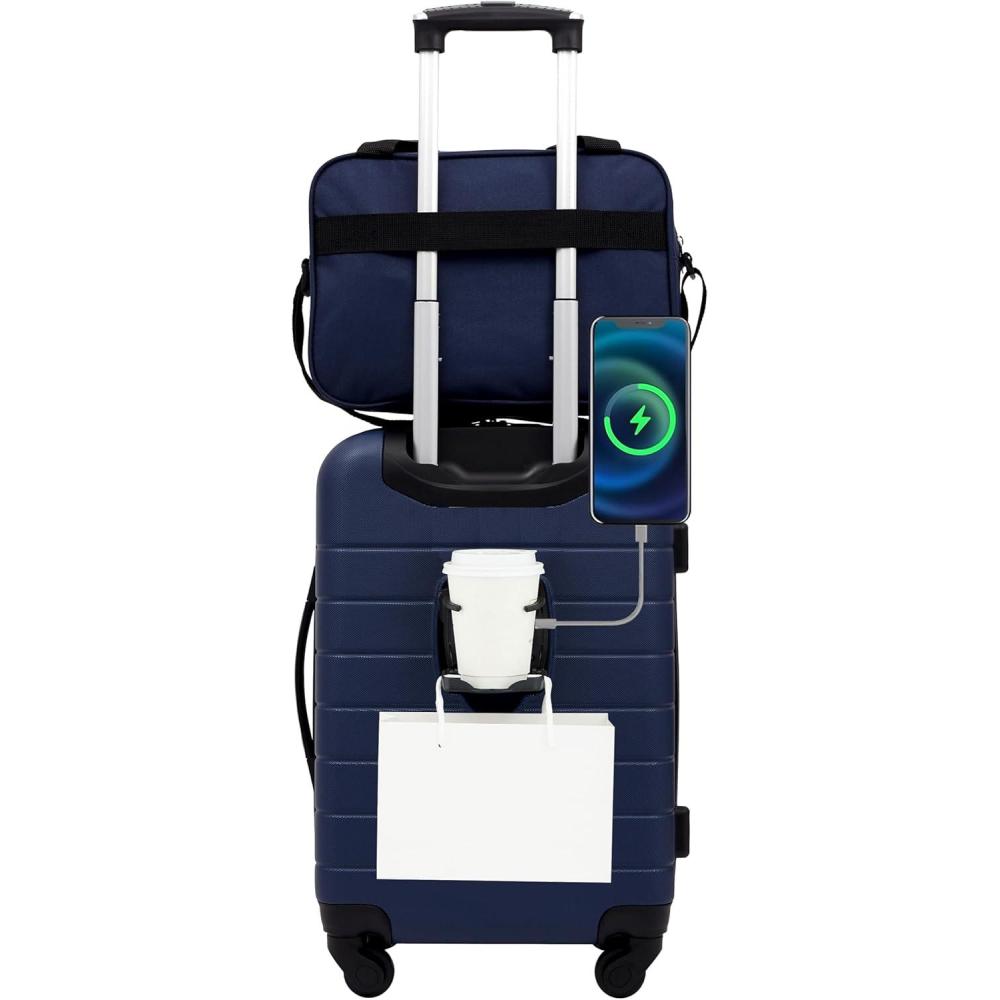 imageWrangler Smart Luggage Set with Cup Holder USB Port and Phone Holder Black 2 Piece SetNavy Blue