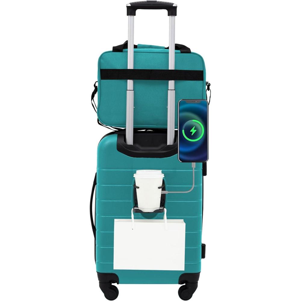 imageWrangler Smart Luggage Set with Cup Holder USB Port and Phone Holder Black 2 Piece SetTeal