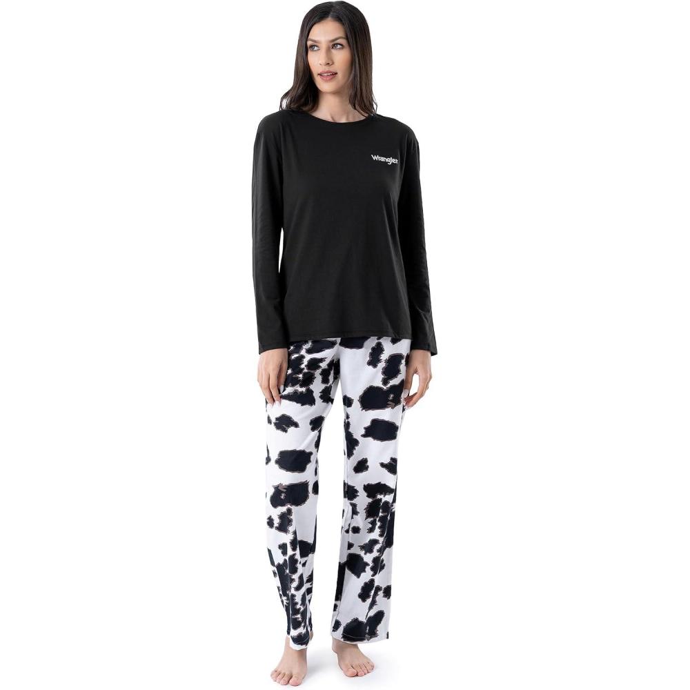imageWrangler Womens Jersey Top and Flannel Pant Sleep Pajama SetBlackCow Print