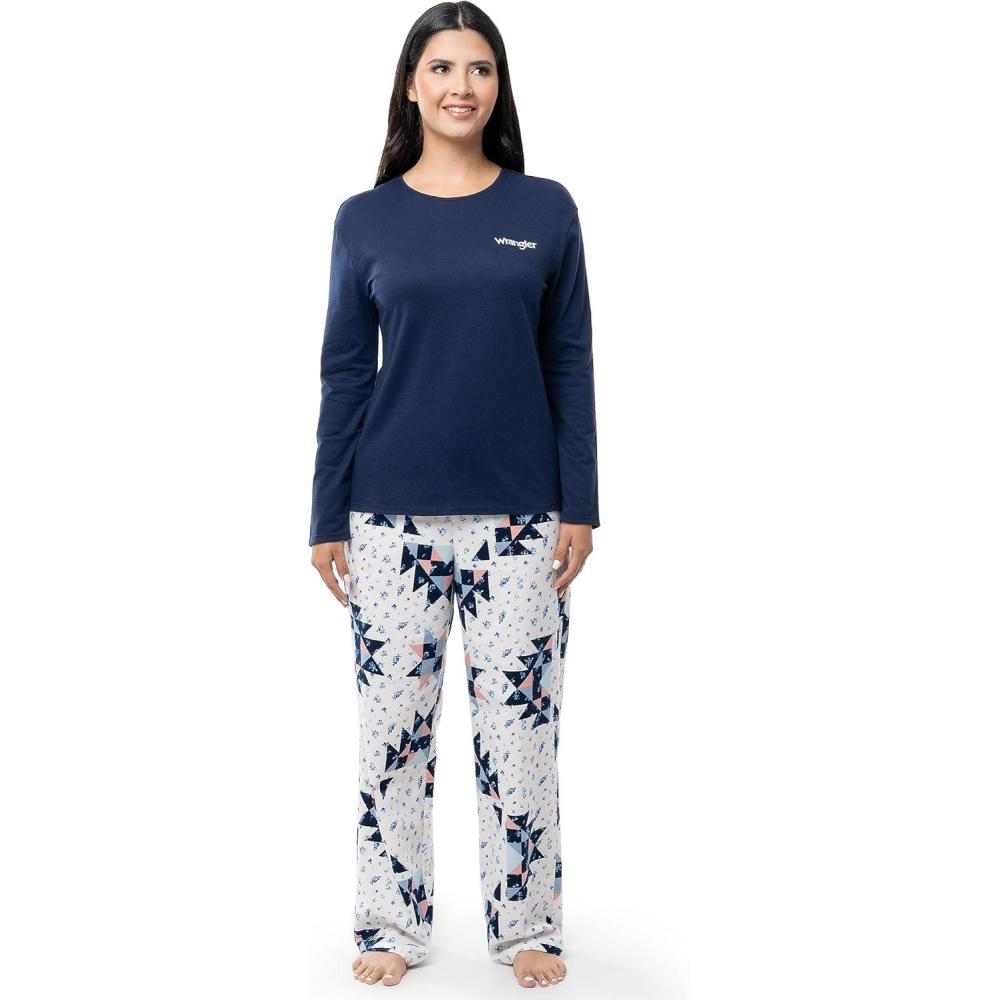 imageWrangler Womens Jersey Top and Flannel Pant Sleep Pajama SetBlueFloral Patchwork Quilt