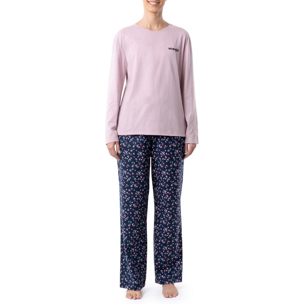 imageWrangler Womens Jersey Top and Flannel Pant Sleep Pajama SetLilacDitsy Floral