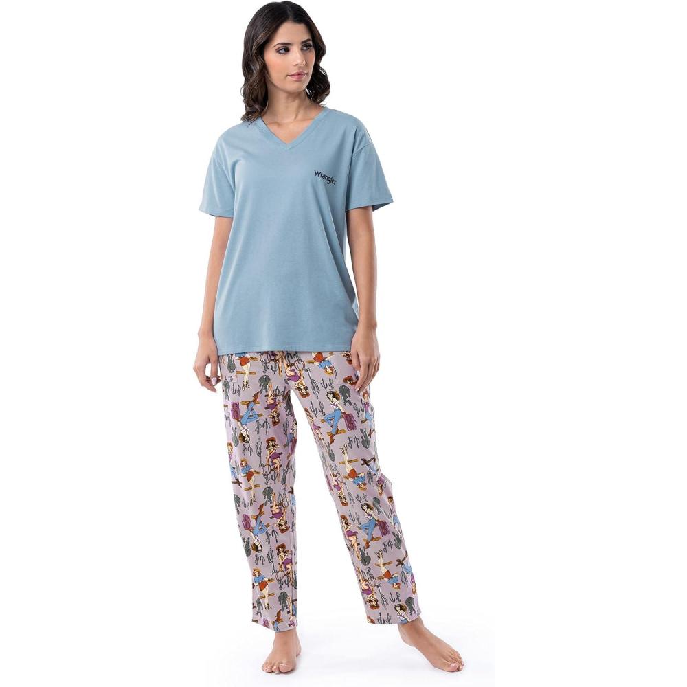 imageWrangler Womens VNeck Short Sleeve Graphic Tee and Printed Pants Pajama Sleep SetBlueCowgirl