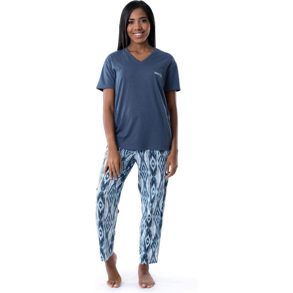 imageWrangler Womens VNeck Short Sleeve Graphic Tee and Printed Pants Pajama Sleep SetDark DenimGeo