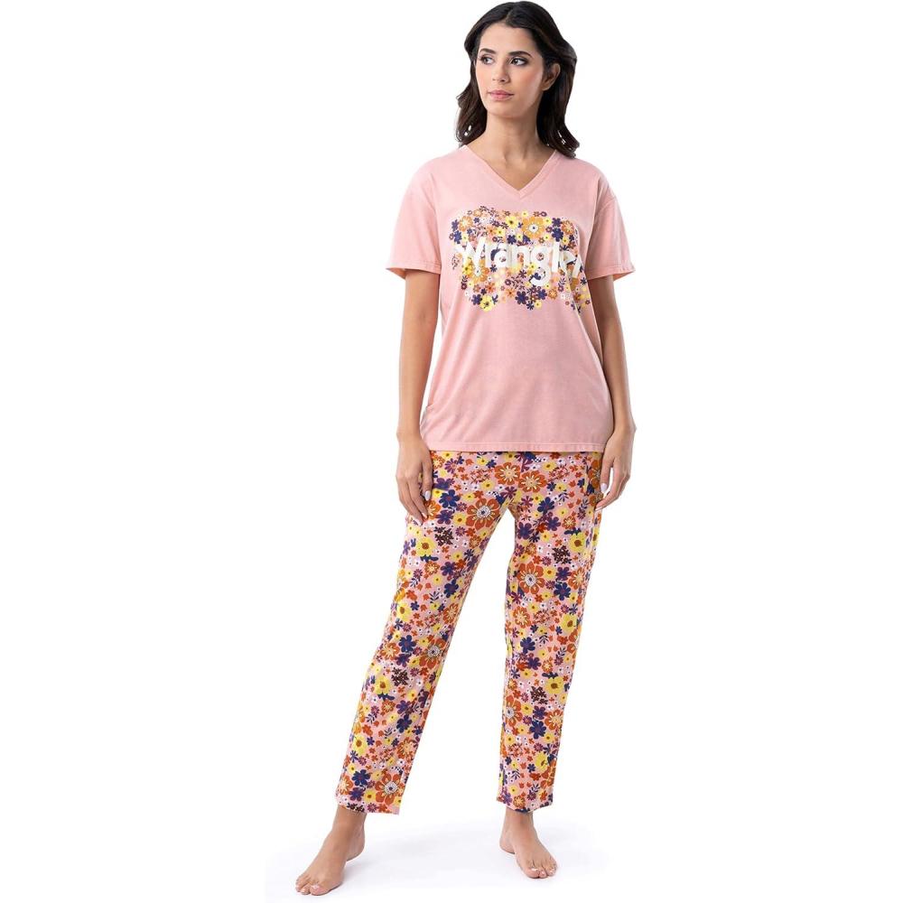 imageWrangler Womens VNeck Short Sleeve Graphic Tee and Printed Pants Pajama Sleep SetRoseFloral