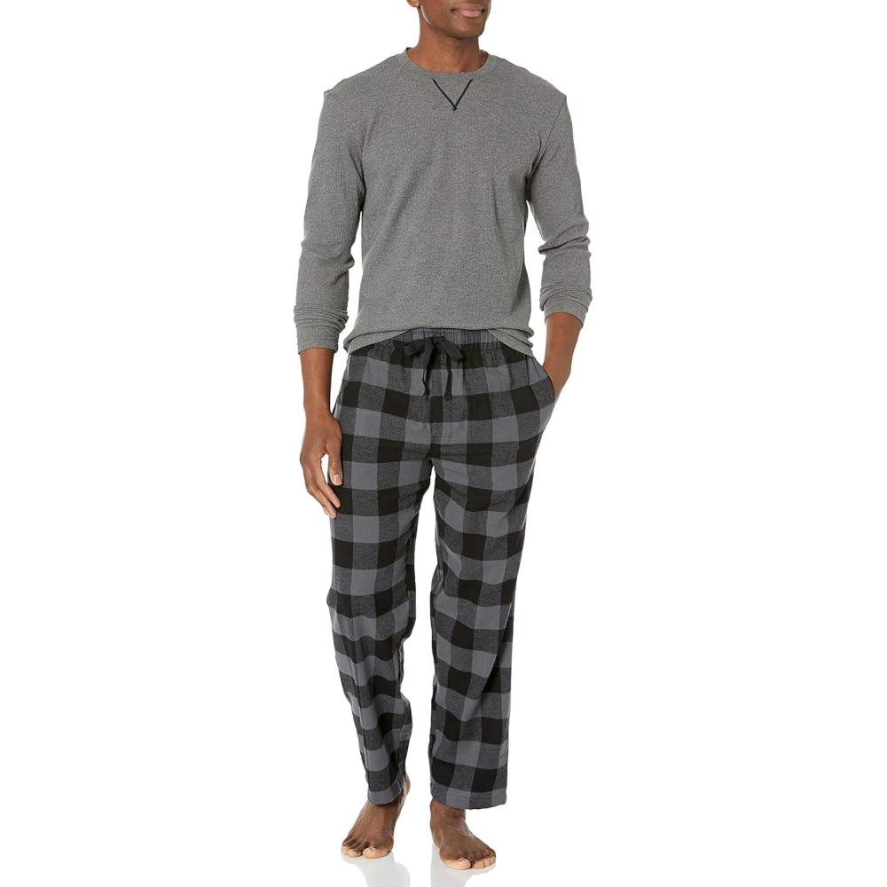 imageWrangler mens Waffle Knit Top and Flannel Pajama Pant Pajama Sleep SetCharcoalPlaid
