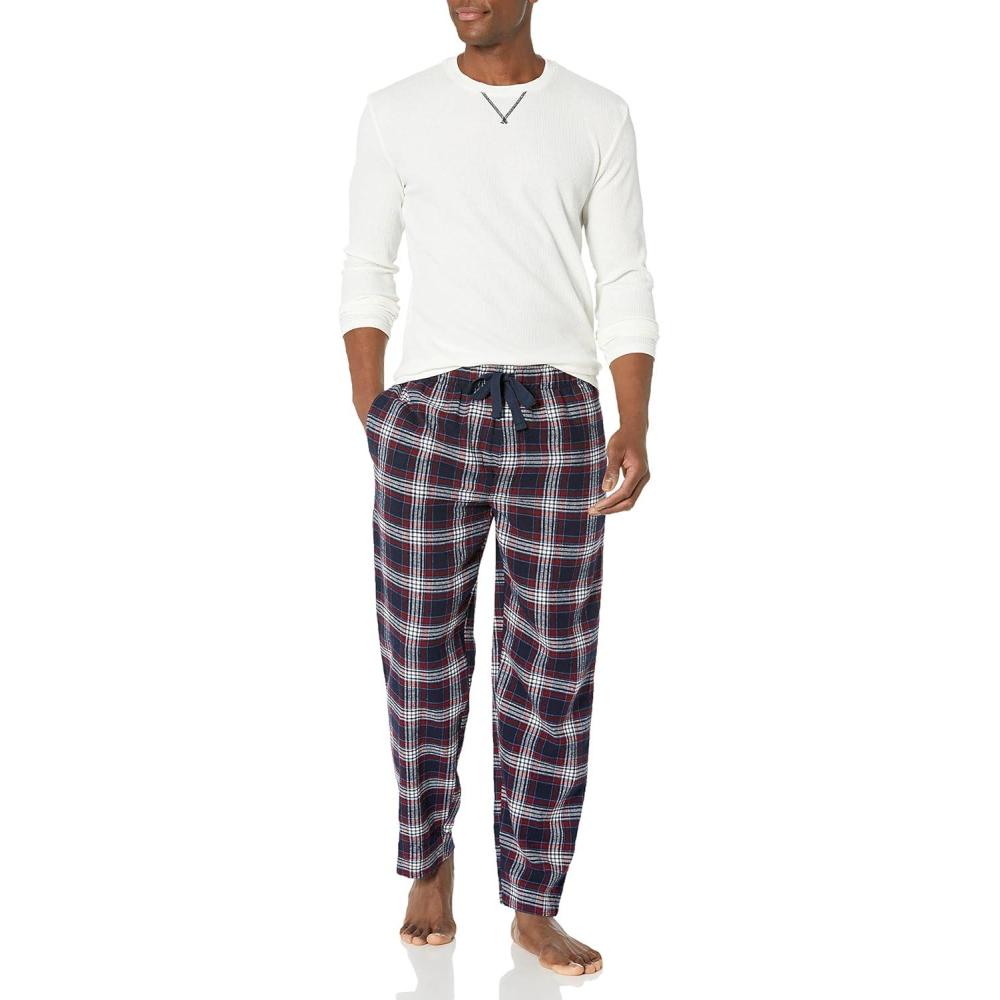 imageWrangler mens Waffle Knit Top and Flannel Pajama Pant Pajama Sleep SetNaturalPlaid