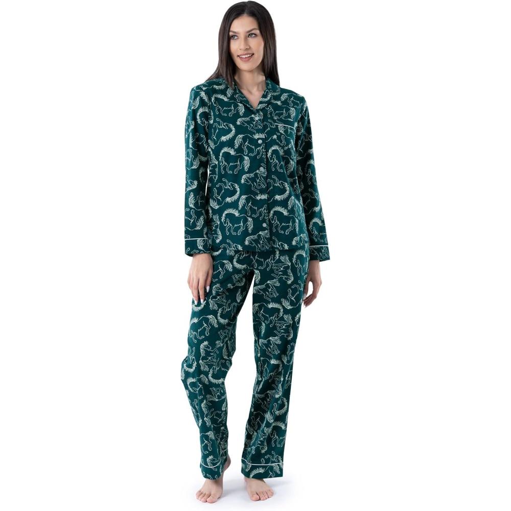 imageWrangler womens Long Sleeve Flannel Top and Pant Pajama SetDeep Teal Horse Toss