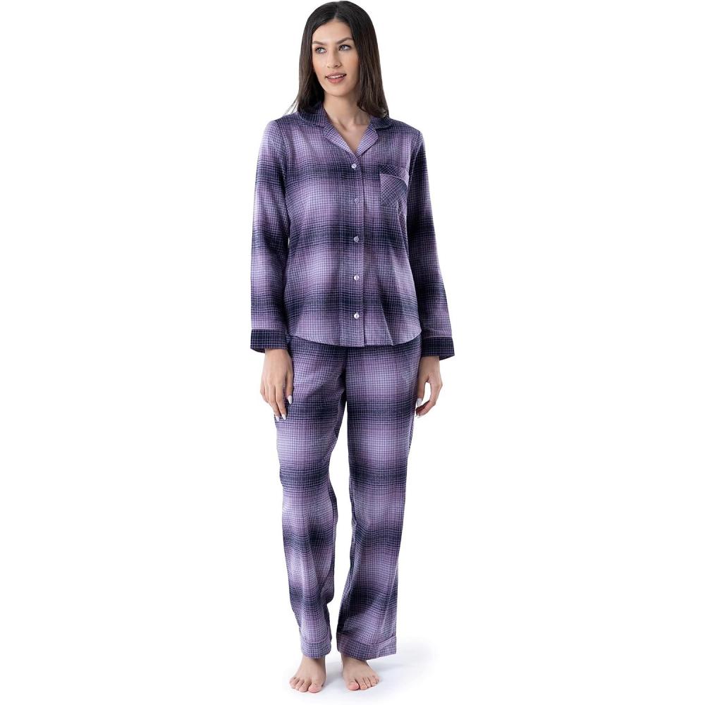 imageWrangler womens Long Sleeve Flannel Top and Pant Pajama SetLilac Ombre Plaid