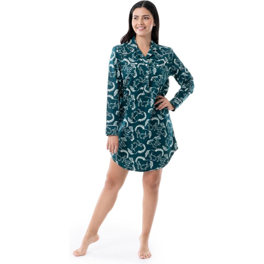 imageWrangler womens Midlength Flannel Sleep ShirtdressDeep Teal Horse Toss