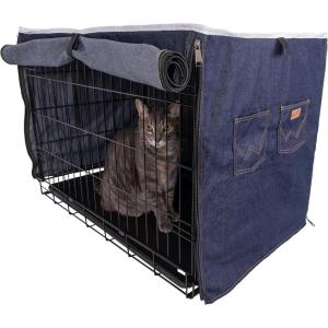 Wrangler Denim Dog Crate Cover – Durable, Breathable & Stylish Dog Kennel Cover with Rollable Panels & Front Pocket for Accesories – Machine Washable Crate Covers for Dog Cages (M)(XXL)