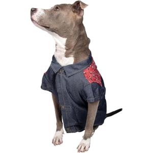 Wrangler Pet Yoke Denim Dog Shirt – Western Style Dog Clothes – Lightweight Dog Outfits for Stylish Pups – Comfortable & Machine Washable (DB, L)(Dark Blue)