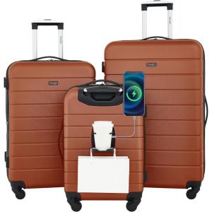 Wrangler Smart Luggage Set with Cup Holder, USB Port and Phone Holder, Black, 2 Piece Set(Burnt Orange)
