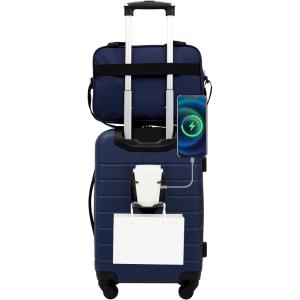 Wrangler Smart Luggage Set with Cup Holder, USB Port and Phone Holder, Black, 2 Piece Set(Navy Blue)