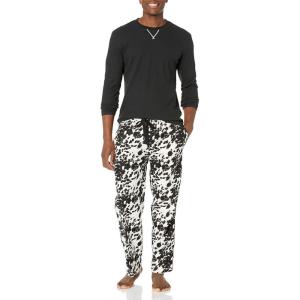 Wrangler mens Waffle Knit Top and Flannel Pajama Pant Pajama Sleep Set(Black/Cow Print)