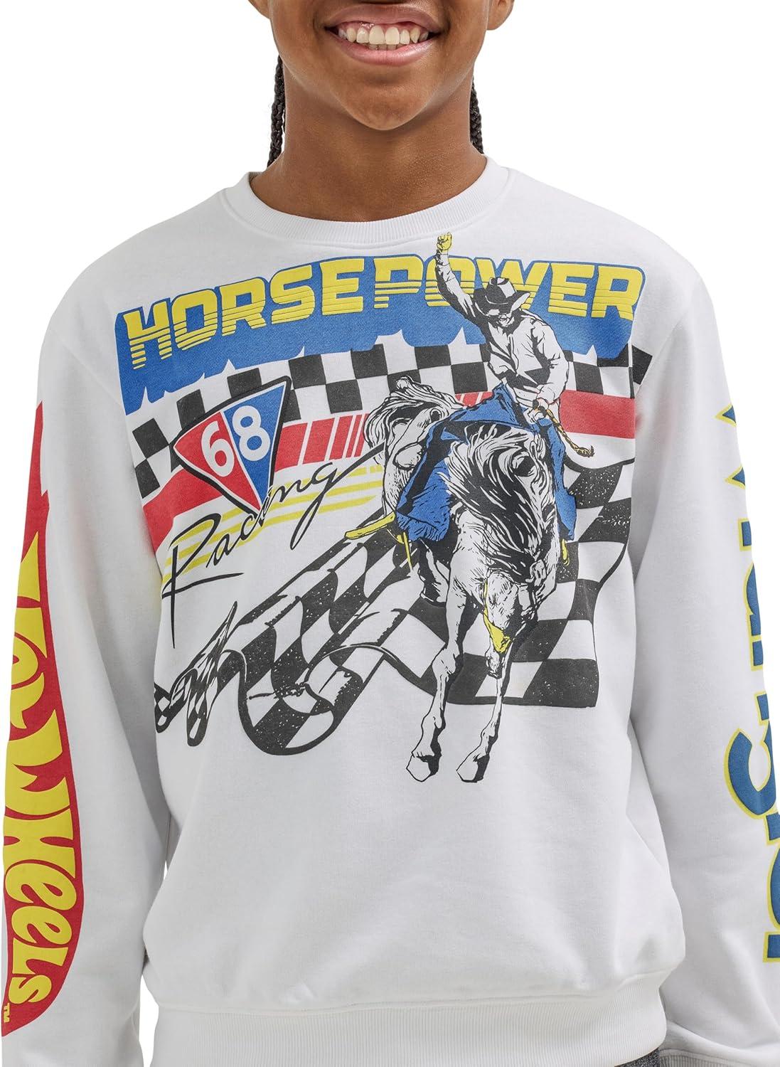 imageWrangler boys X Hot Wheels Youth Crewneck rodeo PulloverWhite