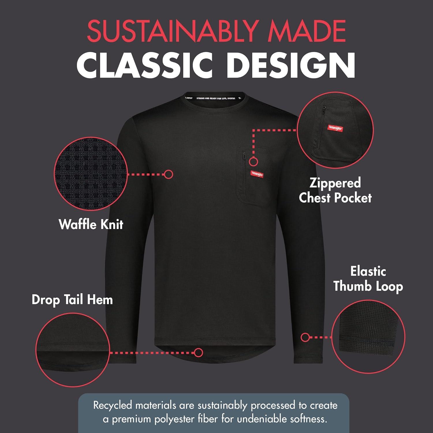 imageWrangler Mens Long Sleeve Thermal Shirt Black Cold Weather Base Layer Shirts Thermal Underwear for MenBlack